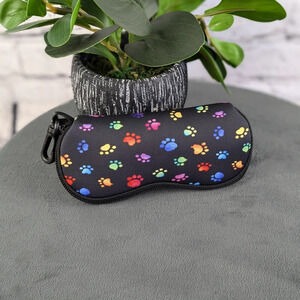 Black neoprene zippered glasses sunglasses case clip, rainbow colored paw prints